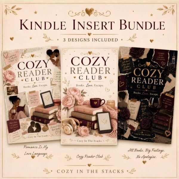 Free Cozy In The Stacks Kindle Insert Bundle featuring three printable designs for Kindle Paperwhite, Colorsoft, and Basic.