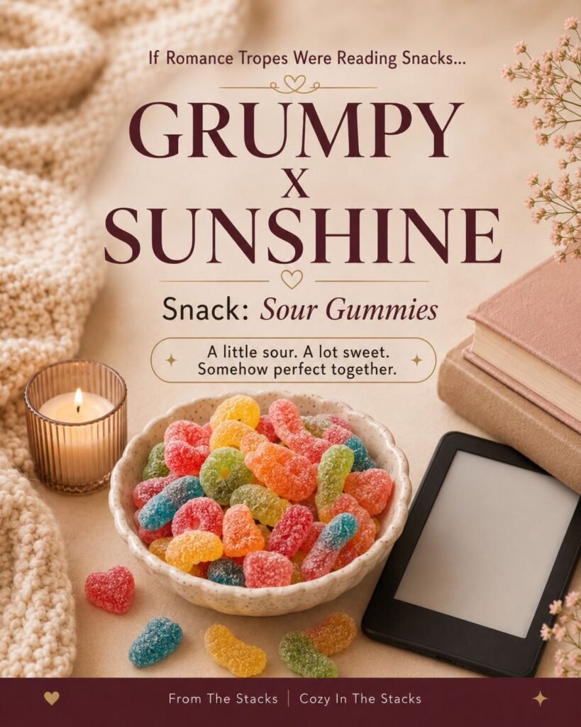 Romance trope graphic for Grumpy x Sunshine featuring sour gummies in a soft cozy reading-night scene.