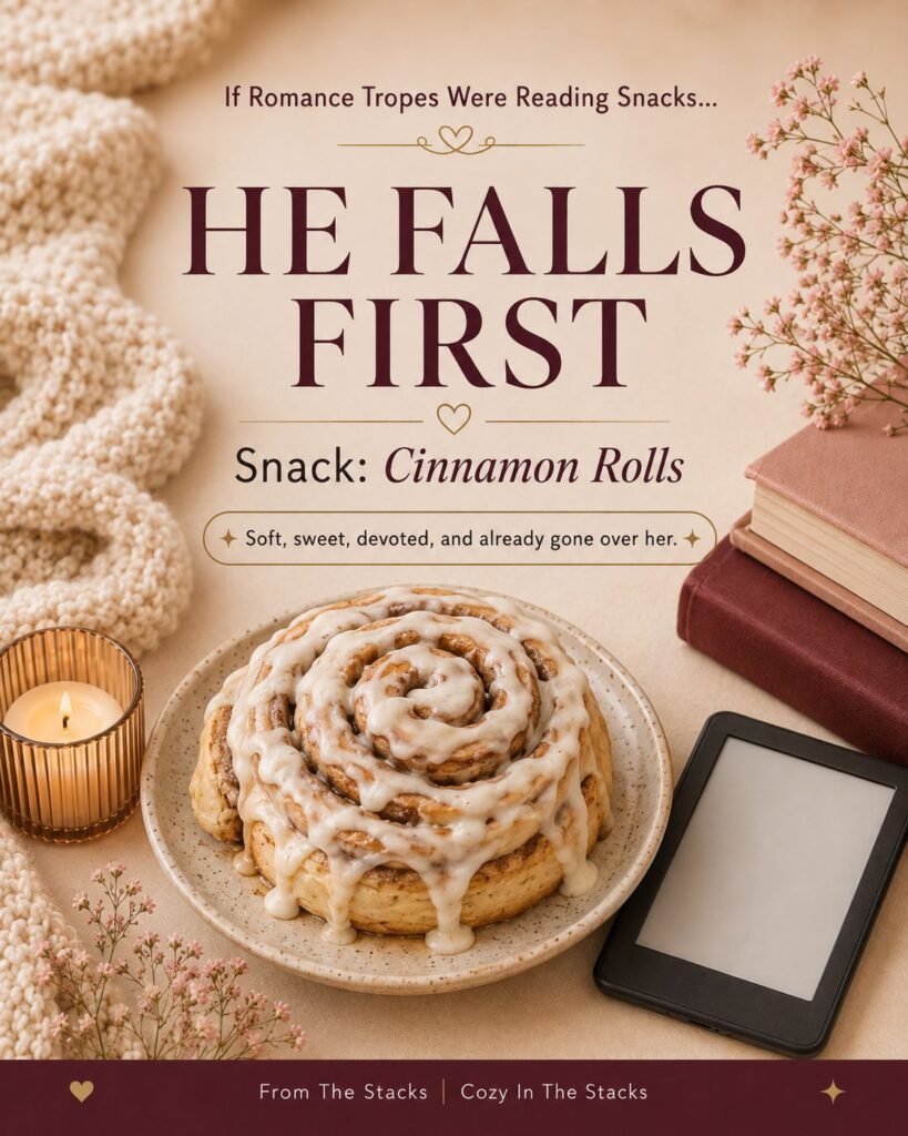 Cozy reading-snack trope graphic for He Falls First featuring cinnamon rolls, books, a candle, and a Kindle.