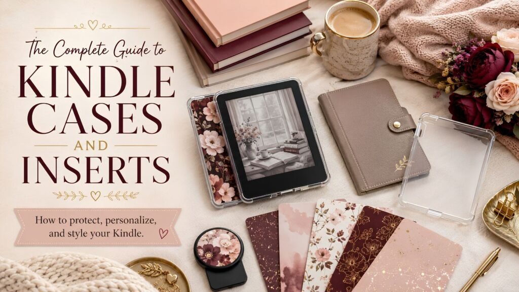 Kindle in a clear protective case with a decorative insert surrounded by books, coffee, flowers, and cozy reading accessories