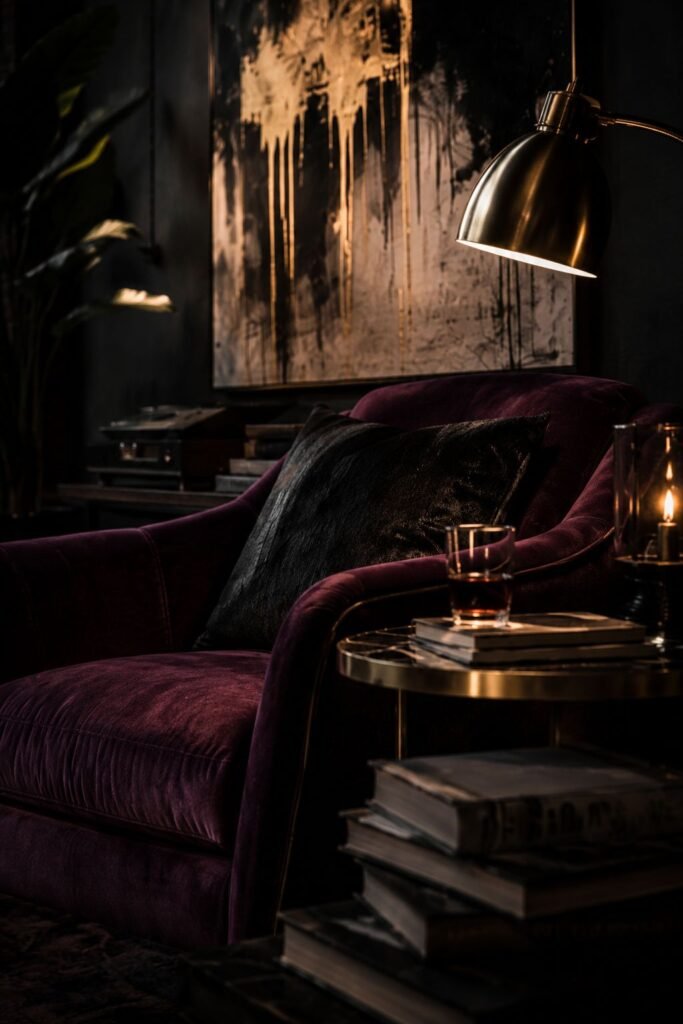 Close-up of a dark urban reading nook with a leather chair, plum throw, gold lamp, candle, and stacked books.