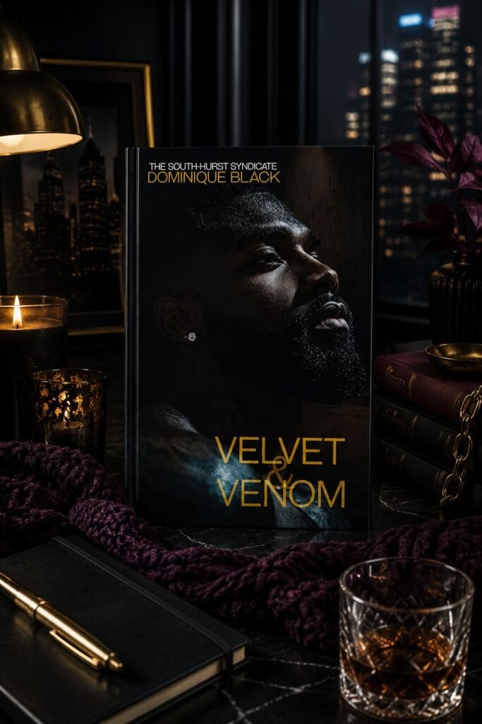 Velvet and Venom by Dominique Black paired with a moody urban reading space in black, plum, cognac, and gold.