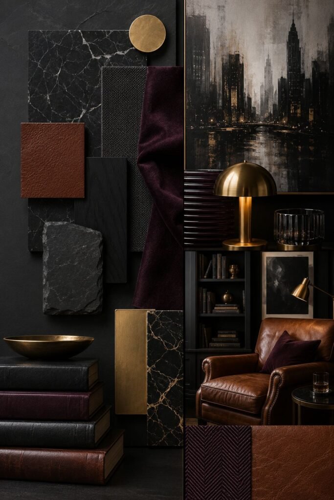 Moody room mood board with black velvet, cognac leather, dark wood, smoked glass, plum fabric, and gold metal.