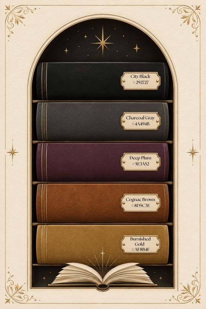 Book-spine palette featuring city black, charcoal gray, deep plum, cognac brown, and burnished gold.