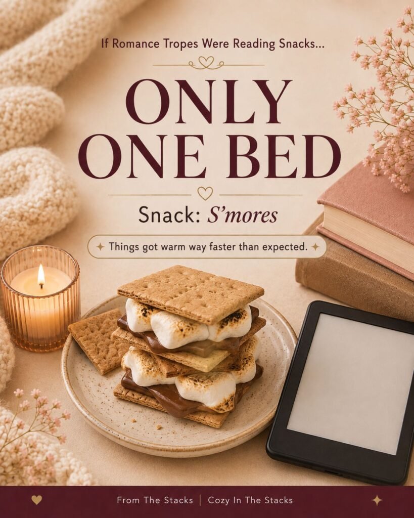 Cozy trope graphic for Only One Bed with stacked s’mores, books, candlelight, and a Kindle.