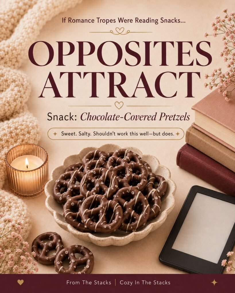 Romance trope graphic for Opposites Attract featuring chocolate-covered pretzels in a cozy editorial reading setup.