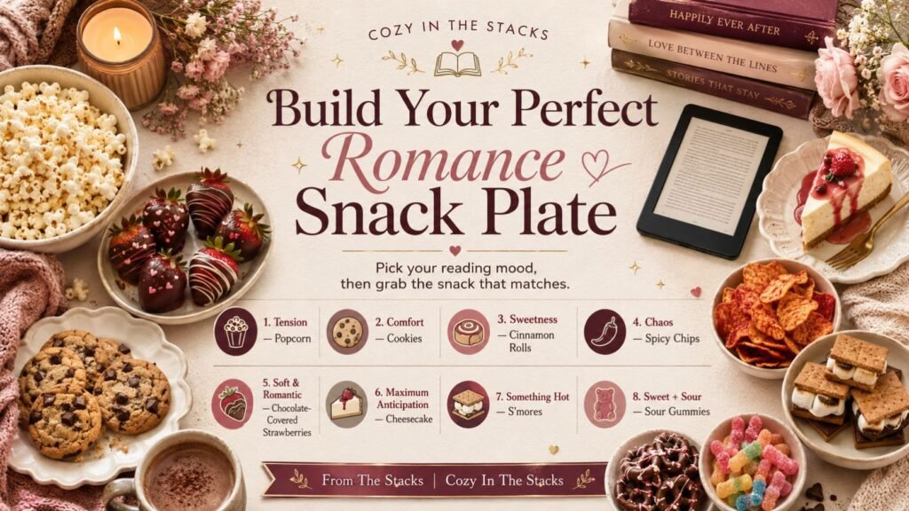 Build Your Perfect Romance Snack Plate graphic matching reading moods with popcorn, cookies, cinnamon rolls, spicy chips, cheesecake, s’mores, strawberries, and sour gummies.