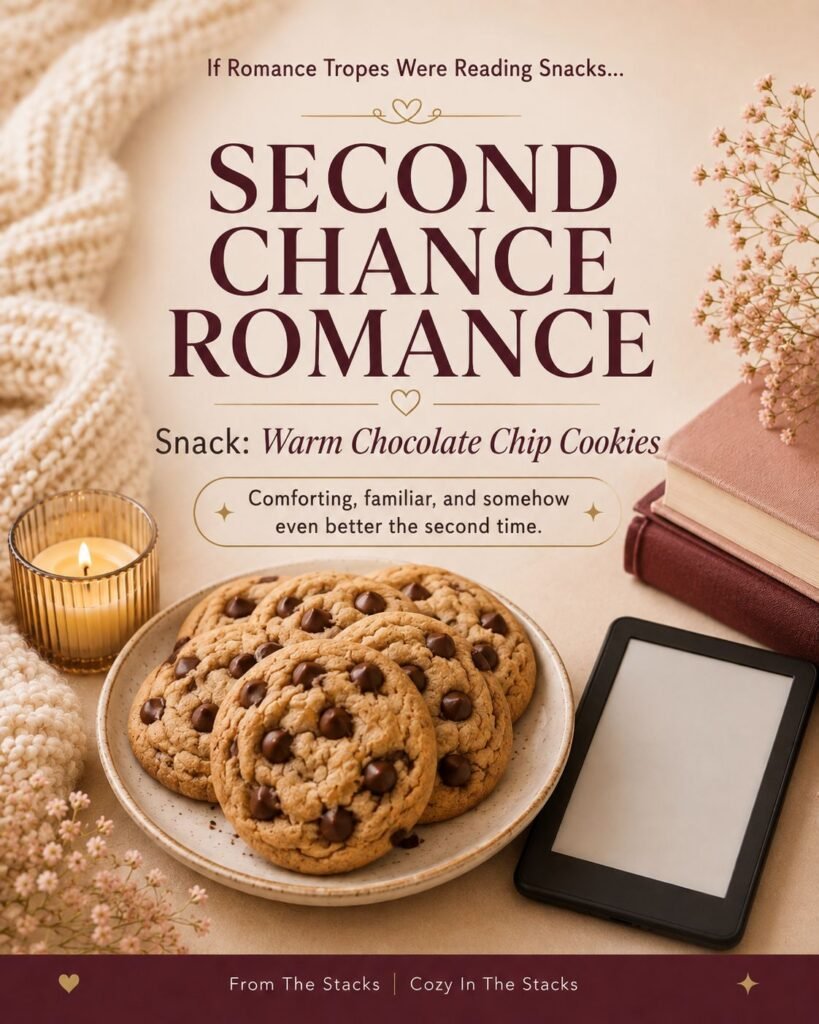 Romance trope graphic for Second Chance Romance featuring warm chocolate chip cookies in a cozy bookish flat lay.