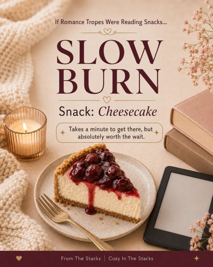 Cozy reading-snack trope graphic for Slow Burn featuring cheesecake, candlelight, books, and a Kindle.