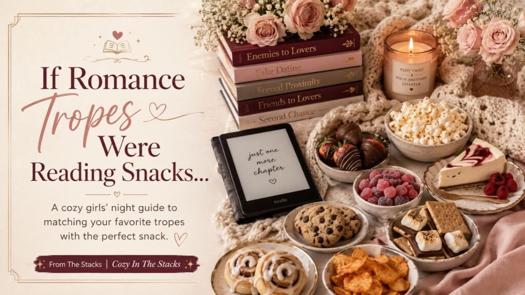 Cozy editorial graphic reading “If Romance Tropes Were Reading Snacks” with bookish reading snacks and a warm feminine reading-night aesthetic.