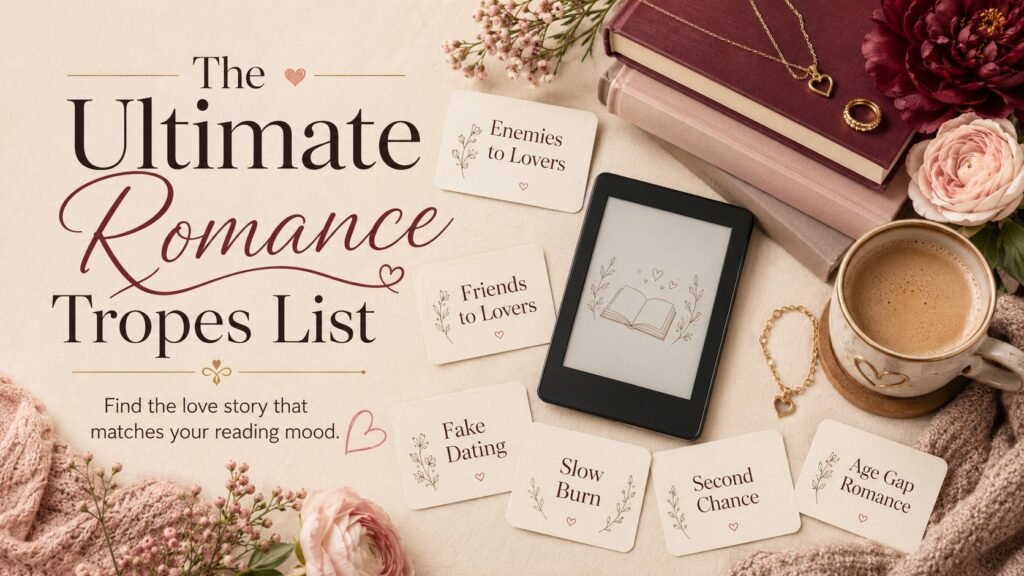 Cozy flat lay with a Kindle, romance books, flowers, coffee, jewelry, and cards naming popular romance tropes.