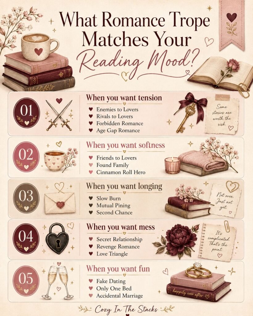 Infographic matching romance tropes to five reading moods: tension, softness, longing, mess, and fun.
