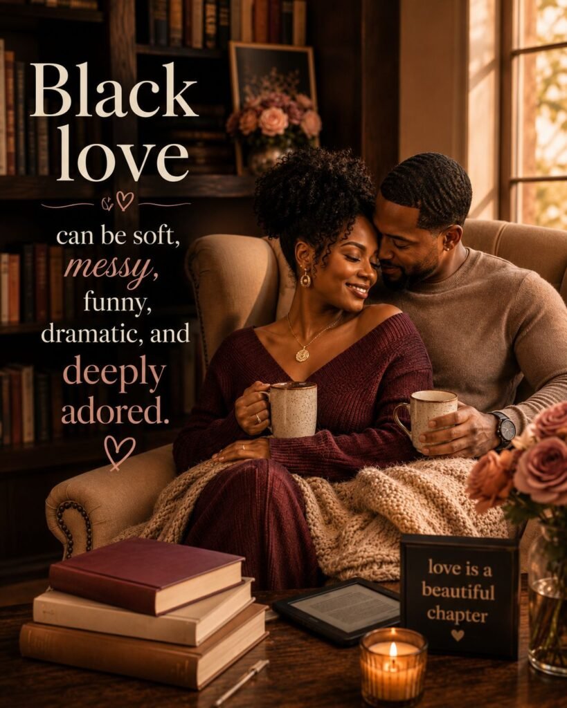 Affectionate Black couple relax together with coffee, books, a Kindle, and a cozy blanket in a warmly lit reading room.