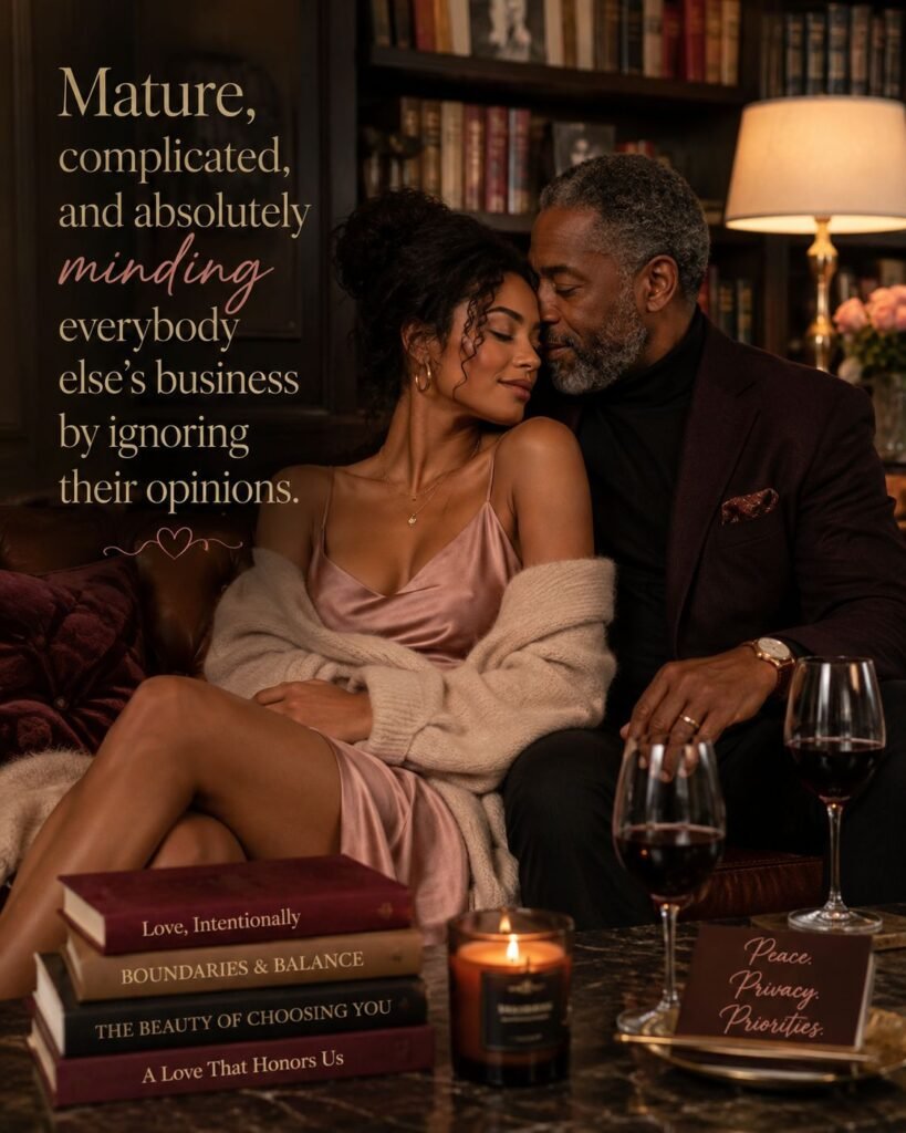 Stylish adult Black couple with a visible age difference share an affectionate moment in a sophisticated home library.