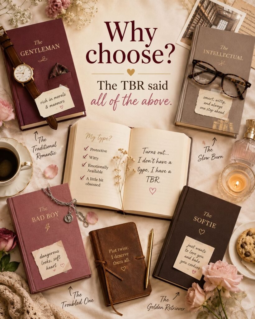 Bookish flat lay with an open book surrounded by books representing different romantic personalities, including the gentleman, intellectual, bad boy, and softie.