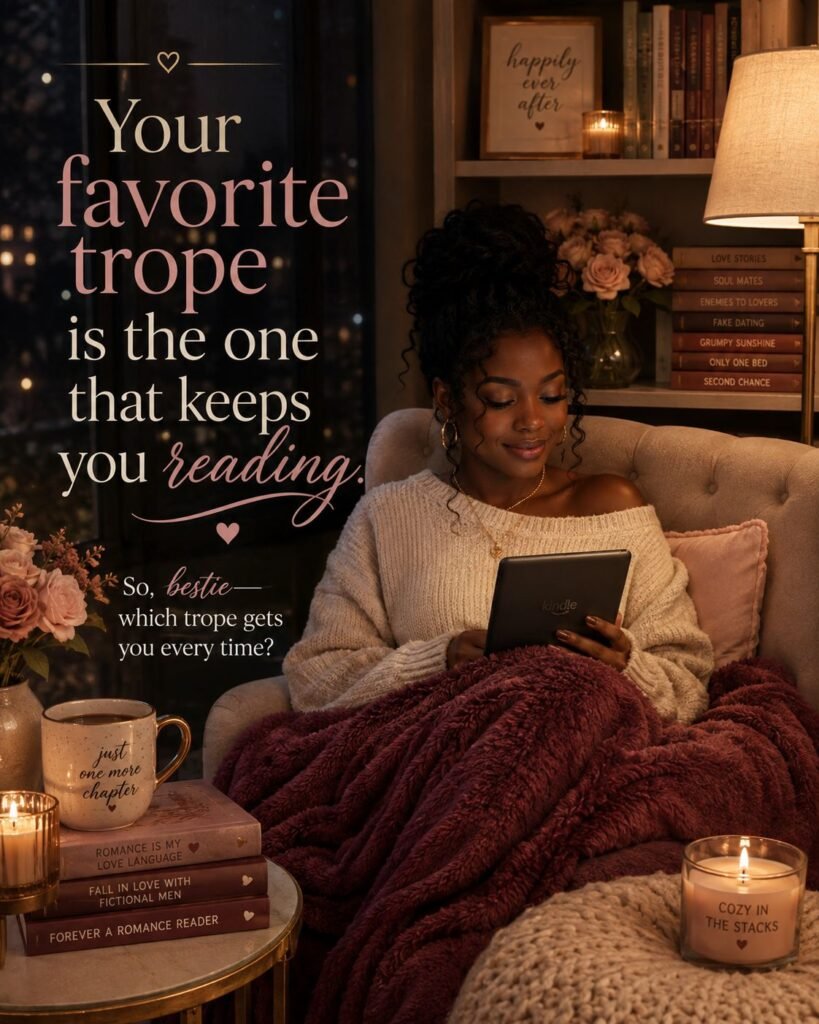 Black woman reads on a Kindle in a cozy nighttime reading nook with a burgundy blanket, books, flowers, candles, and warm lamplight.