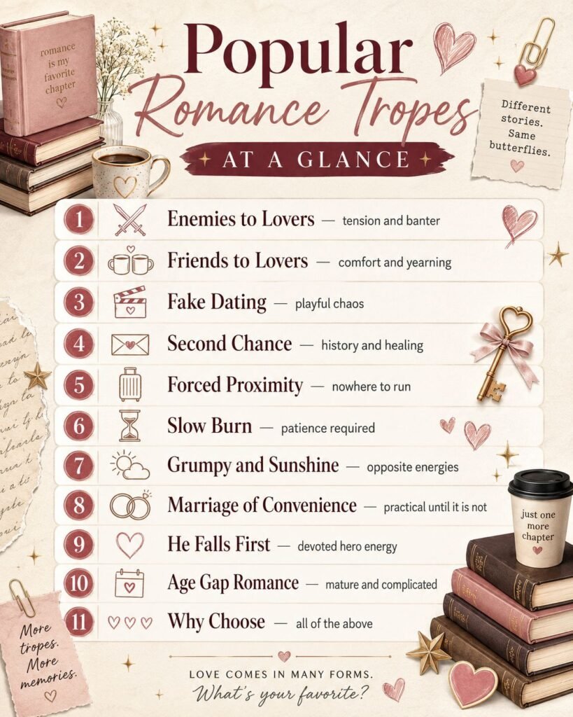 Infographic listing popular romance tropes and their reading moods, including friends to lovers, slow burn, fake dating, and second chance.