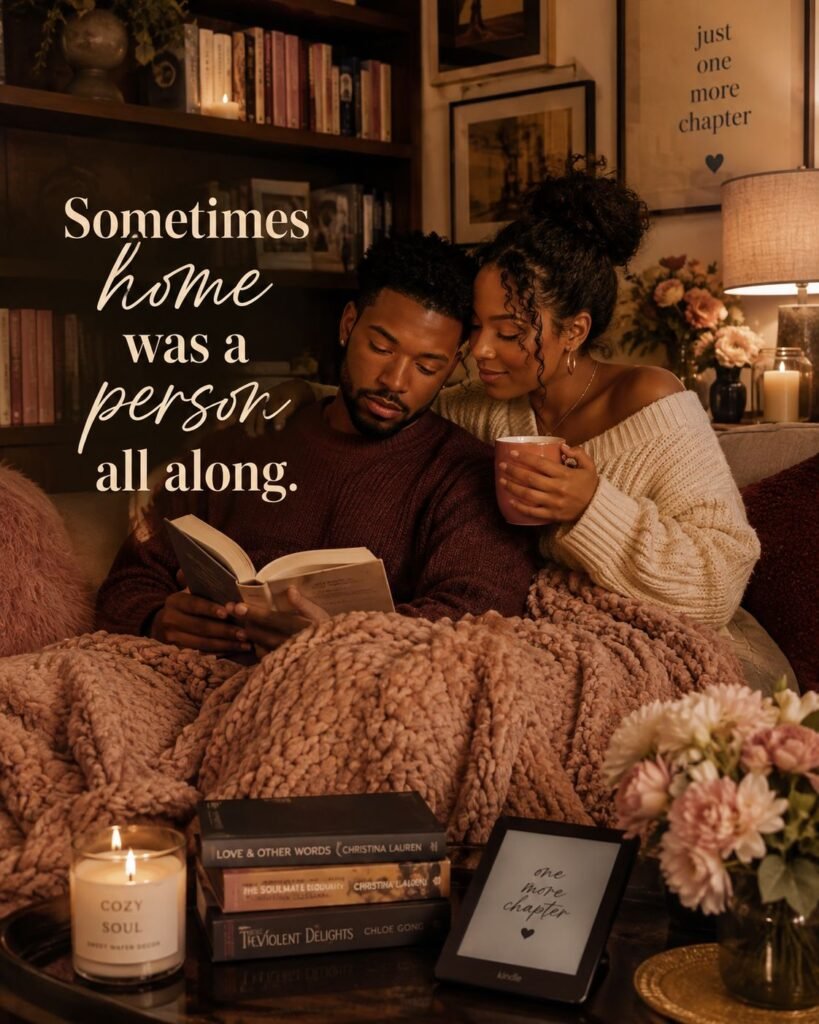 Black couple sit closely under a soft blanket in a cozy reading room while one reads and the other holds a warm mug.