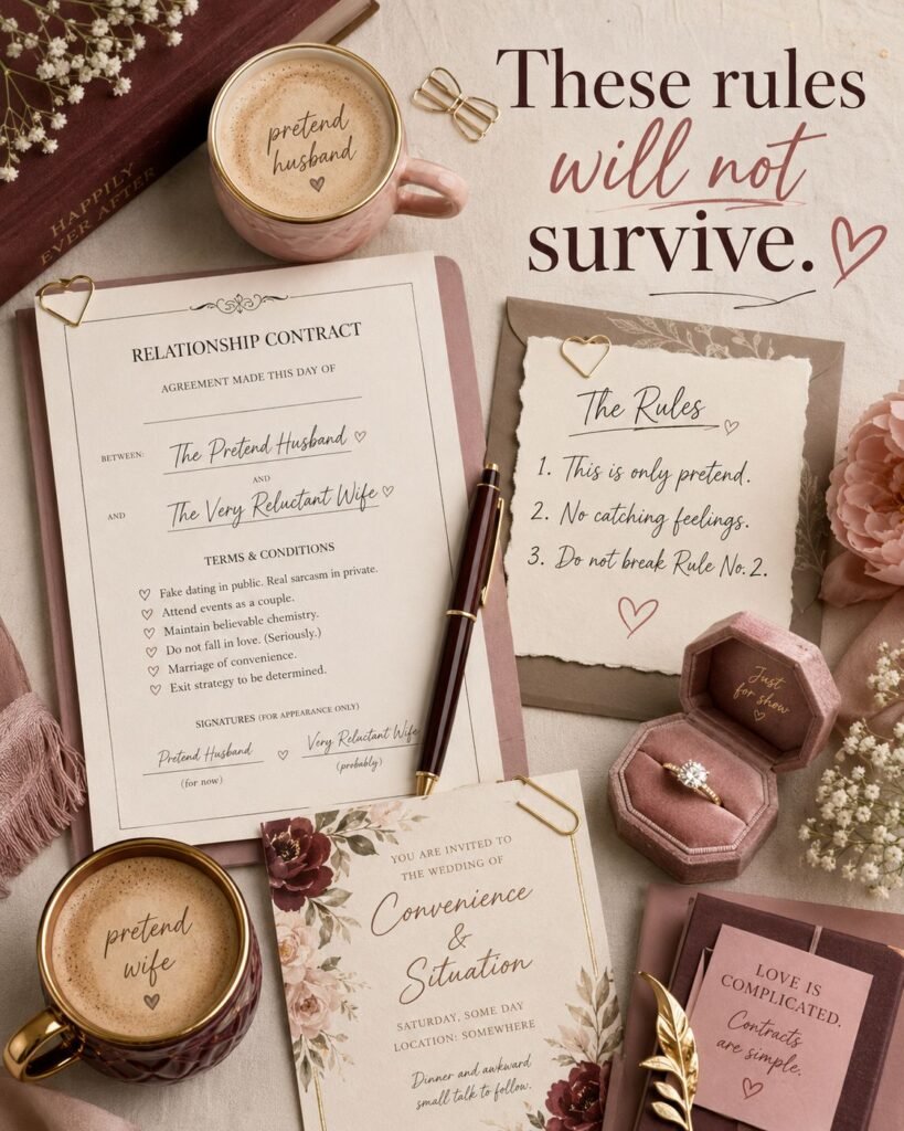 Flat lay with a pretend relationship contract, wedding invitation, ring, coffee, and rules warning the couple not to catch feelings.
