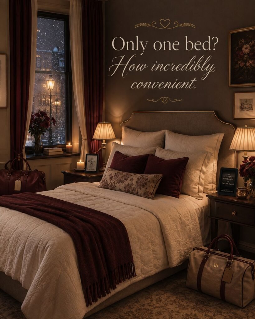 Cozy boutique hotel room with one bed, two overnight bags, two e-readers, warm lamps, candles, and snow outside the window.