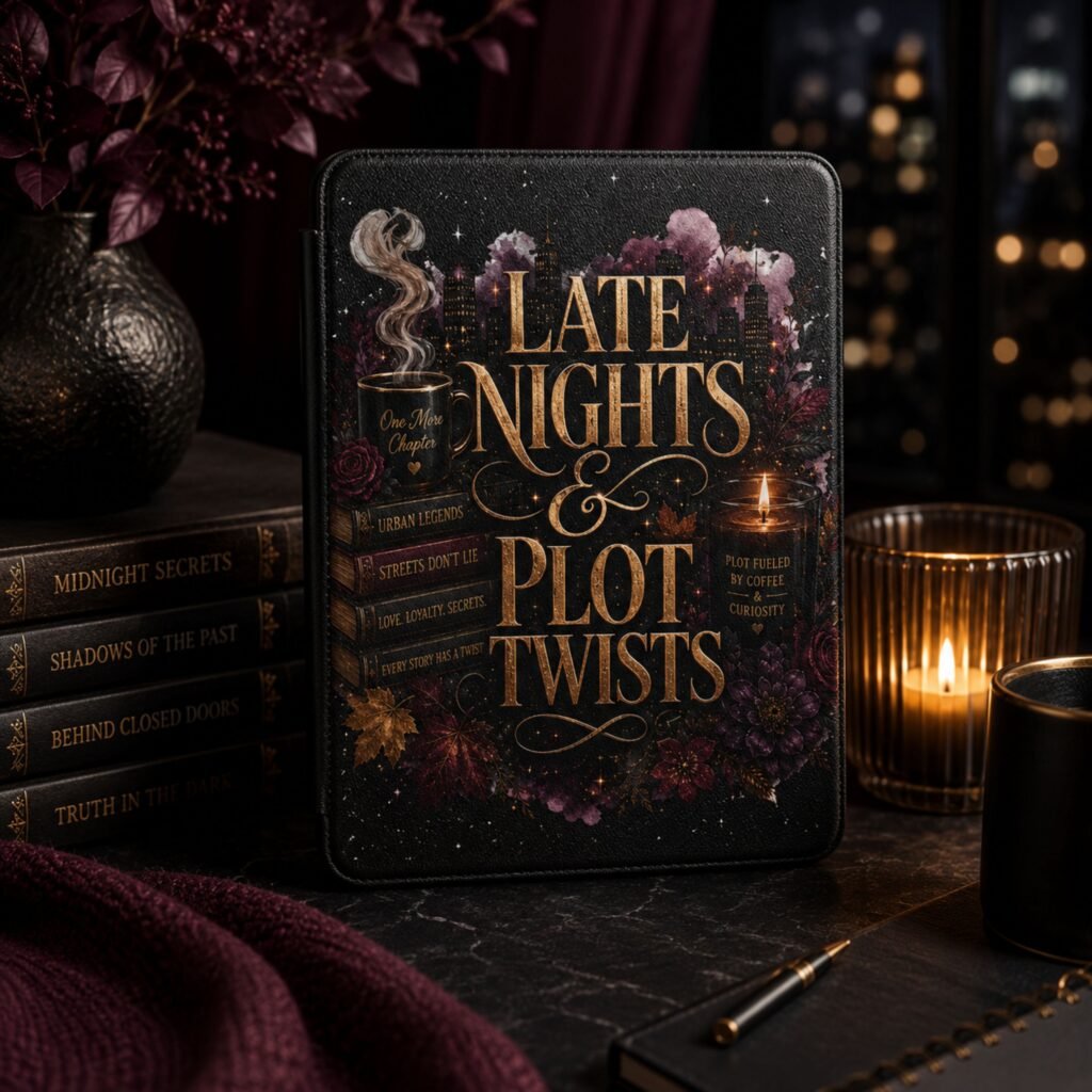 Late Nights and Plot Twists urban fiction Kindle case featuring a nighttime city skyline, plum florals, gold lettering, coffee, candles, and dark book stacks.