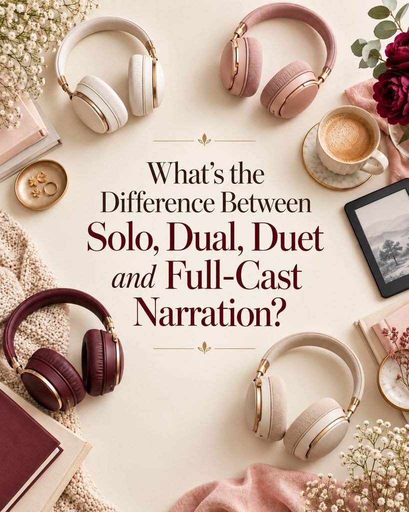 Editorial audiobook graphic with four pairs of headphones and the text “What’s the Difference Between Solo, Dual, Duet and Full-Cast Narration?”