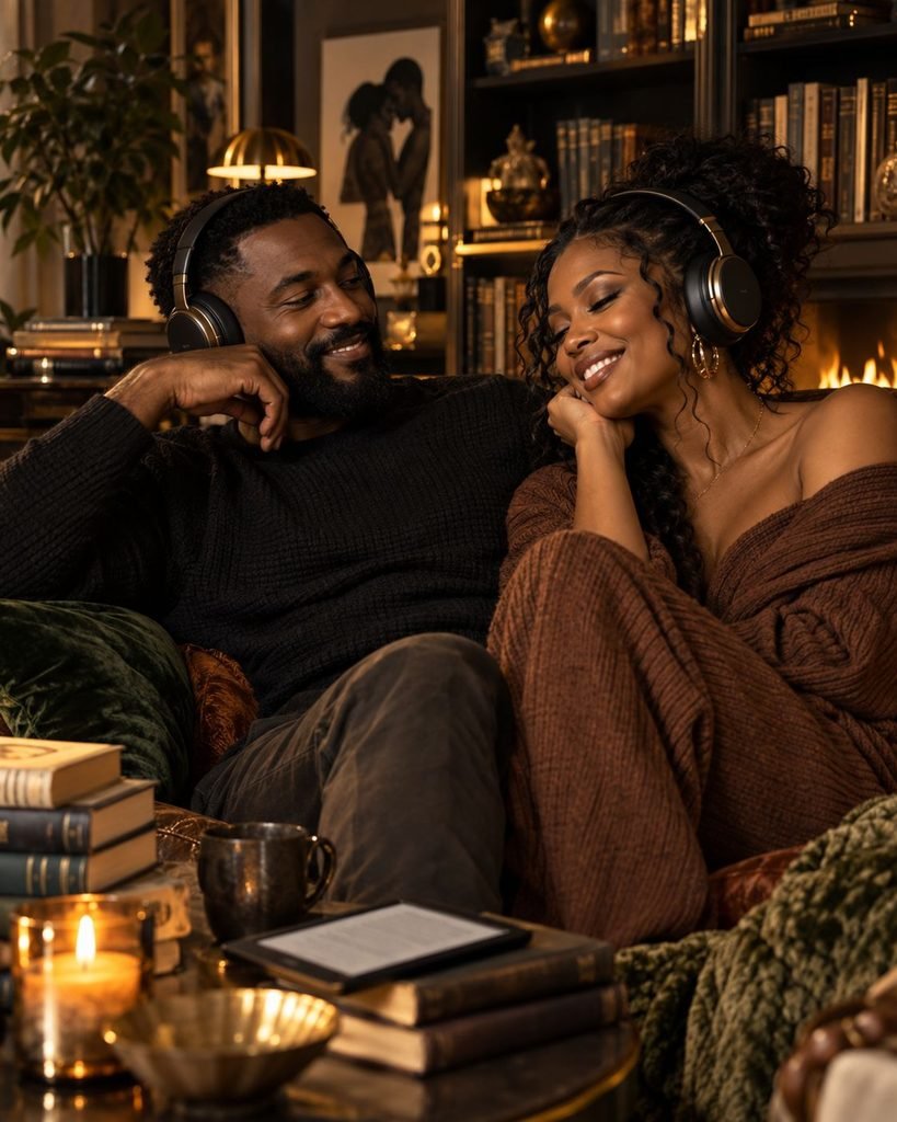Black couple wearing headphones together in a cozy reading lounge, smiling while listening to an audiobook.