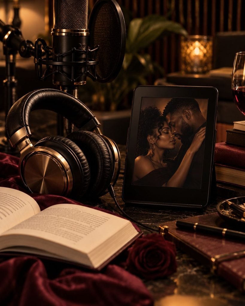 Studio microphone, headphones, romance book and e-reader displaying a Black couple in a romantic scene.