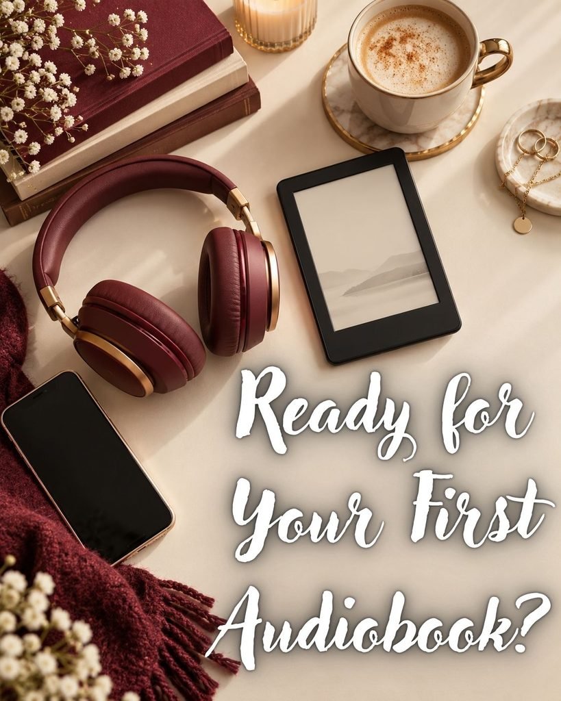 Burgundy headphones, e-reader, smartphone, coffee and stacked books arranged on a warm cream surface.