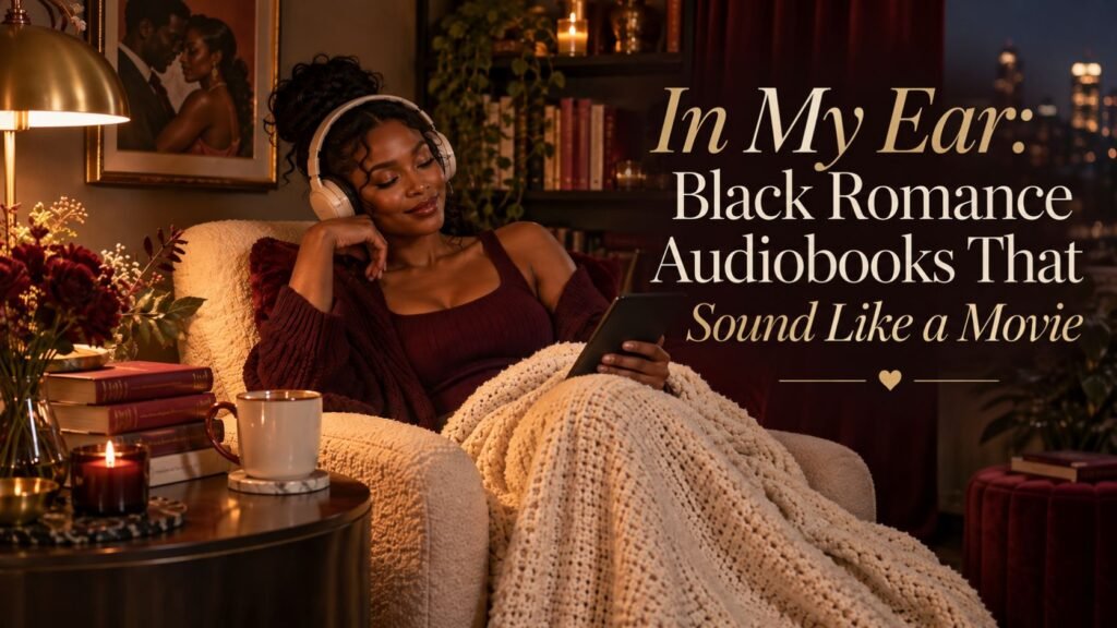 Black woman relaxing in a cozy reading nook at night wearing headphones and holding an e-reader, with the title “In My Ear: Black Romance Audiobooks That Sound Like a Movie.”